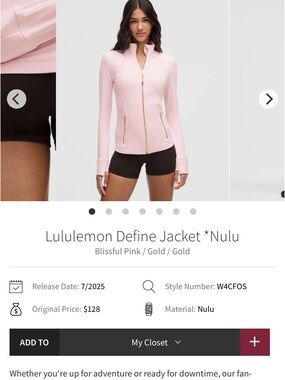 lululemon athletica Define Jacket in Blissful Pink size 2 never worn